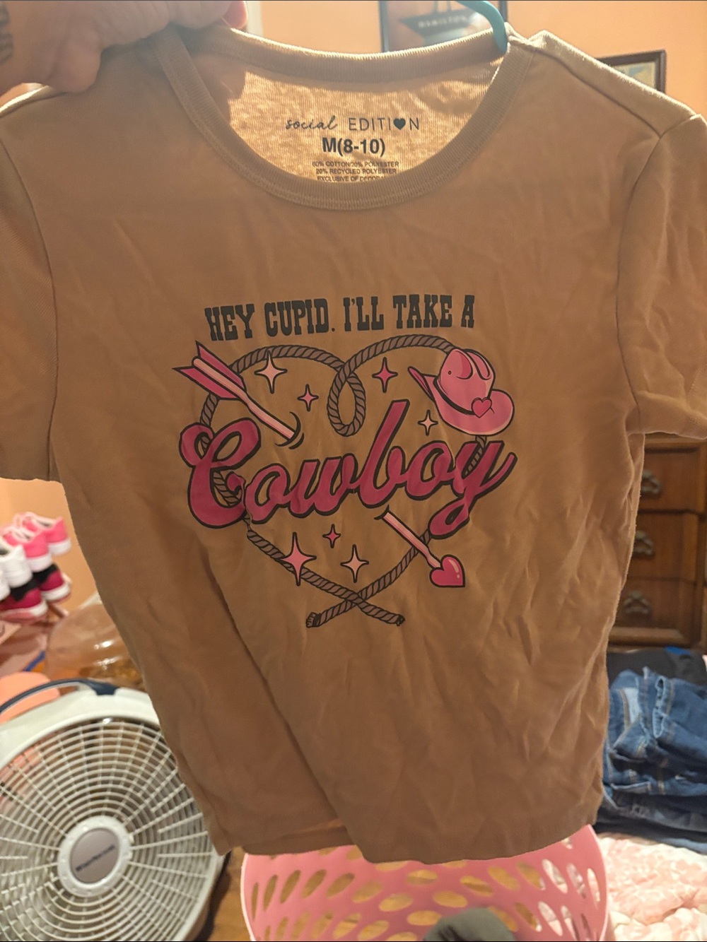 Social Edition Girls' Tan Short-Sleeve Tee with Pink 'Cowboy' Graphic